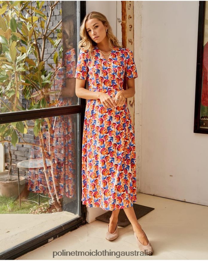 Midi dress Flowers Hannah ORANGE Polin et moi Clothing 2R020D95